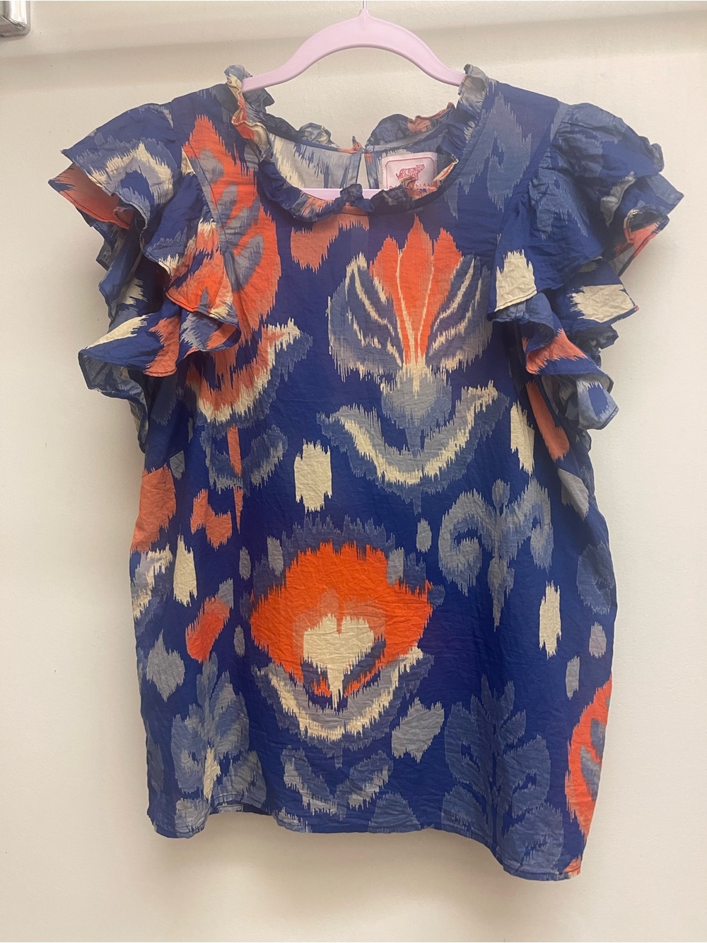 Banjanan 100% Cotton Boho Blouse Ruffle Sleeve Navy Coral Print Top size L